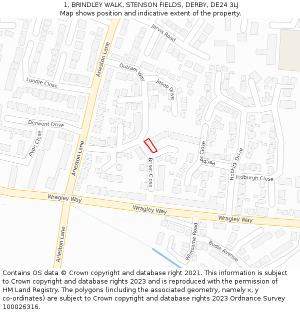 1, BRINDLEY WALK, STENSON FIELDS, DERBY, DE24 3LJ: Location map and indicative extent of plot