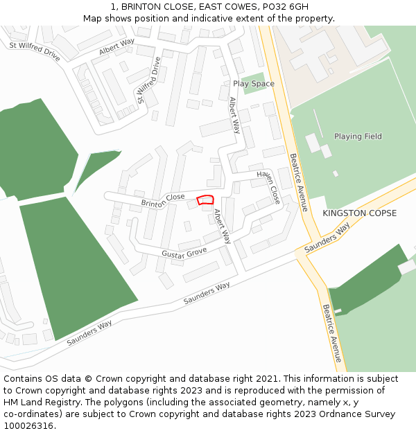 1, BRINTON CLOSE, EAST COWES, PO32 6GH: Location map and indicative extent of plot