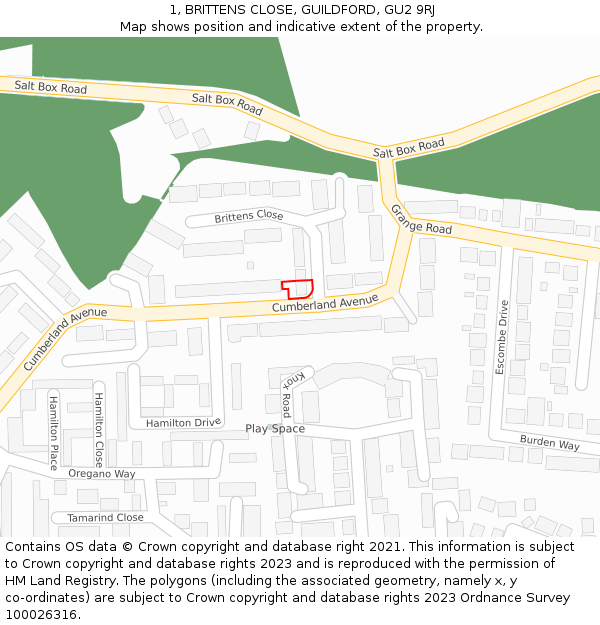 1, BRITTENS CLOSE, GUILDFORD, GU2 9RJ: Location map and indicative extent of plot