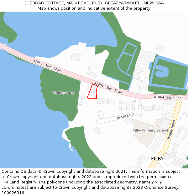 1, BROAD COTTAGE, MAIN ROAD, FILBY, GREAT YARMOUTH, NR29 3AA: Location map and indicative extent of plot