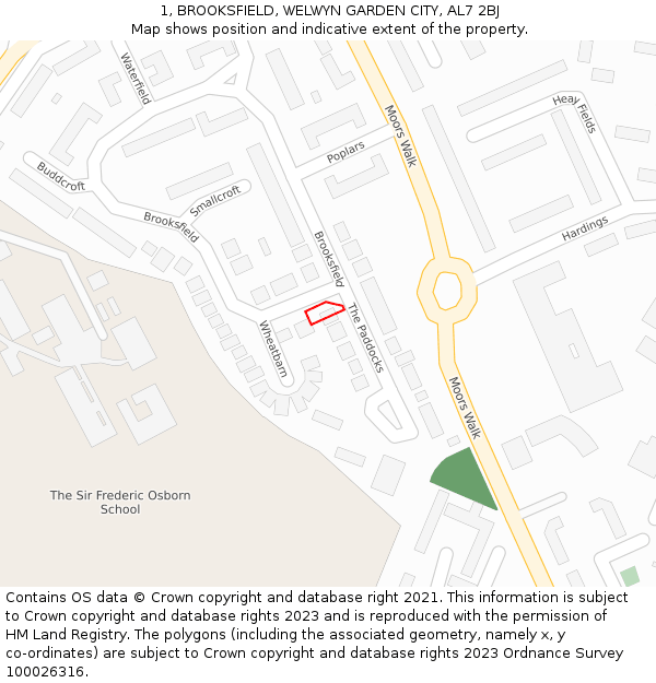 1, BROOKSFIELD, WELWYN GARDEN CITY, AL7 2BJ: Location map and indicative extent of plot