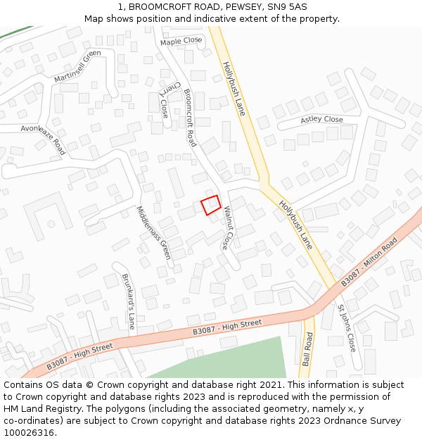 1, BROOMCROFT ROAD, PEWSEY, SN9 5AS: Location map and indicative extent of plot