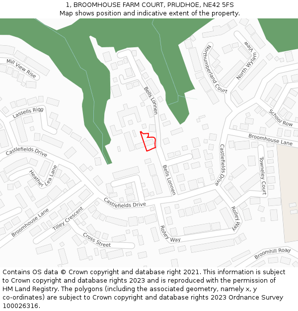 1, BROOMHOUSE FARM COURT, PRUDHOE, NE42 5FS: Location map and indicative extent of plot