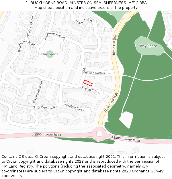 1, BUCKTHORNE ROAD, MINSTER ON SEA, SHEERNESS, ME12 3RA: Location map and indicative extent of plot