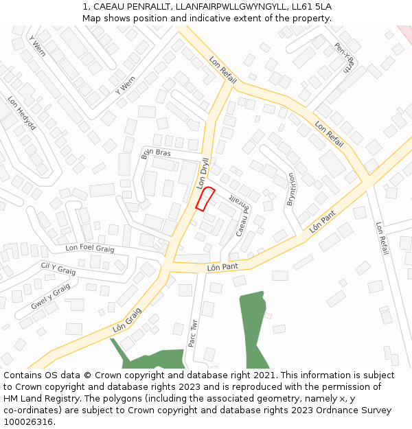 1, CAEAU PENRALLT, LLANFAIRPWLLGWYNGYLL, LL61 5LA: Location map and indicative extent of plot