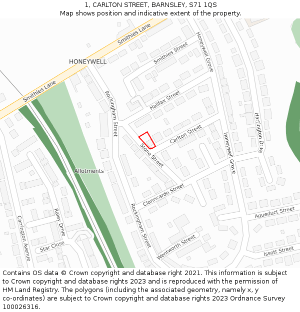 1, CARLTON STREET, BARNSLEY, S71 1QS: Location map and indicative extent of plot