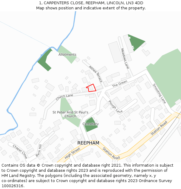 1, CARPENTERS CLOSE, REEPHAM, LINCOLN, LN3 4DD: Location map and indicative extent of plot