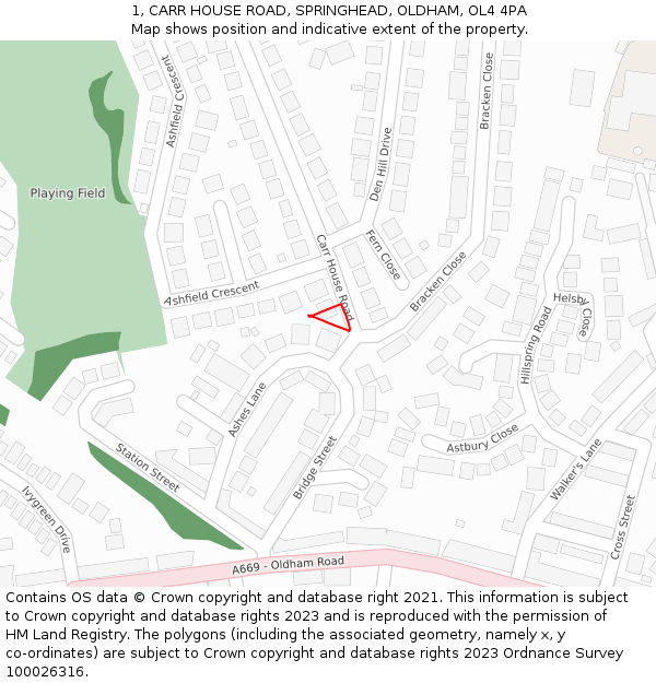 1, CARR HOUSE ROAD, SPRINGHEAD, OLDHAM, OL4 4PA: Location map and indicative extent of plot