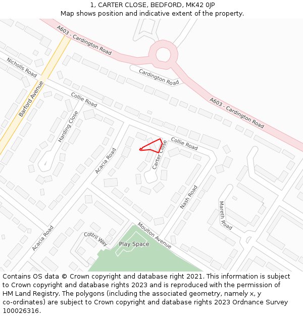 1, CARTER CLOSE, BEDFORD, MK42 0JP: Location map and indicative extent of plot