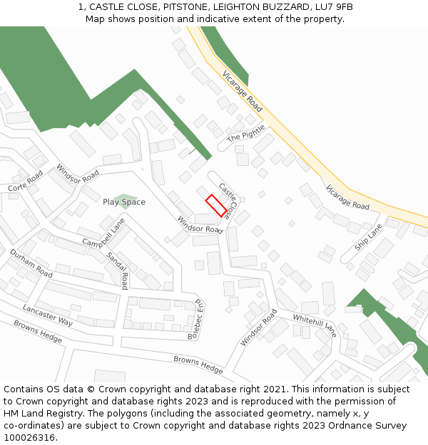 1, CASTLE CLOSE, PITSTONE, LEIGHTON BUZZARD, LU7 9FB: Location map and indicative extent of plot