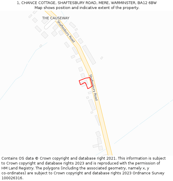 1, CHANCE COTTAGE, SHAFTESBURY ROAD, MERE, WARMINSTER, BA12 6BW: Location map and indicative extent of plot