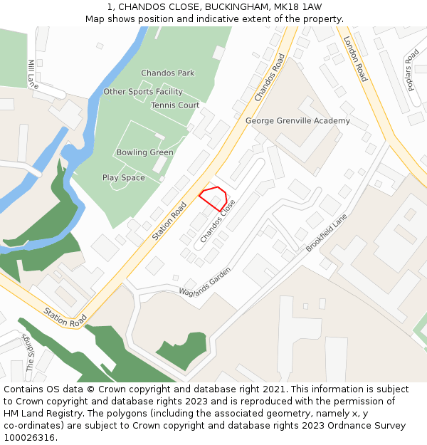 1, CHANDOS CLOSE, BUCKINGHAM, MK18 1AW: Location map and indicative extent of plot