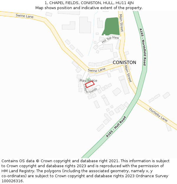 1, CHAPEL FIELDS, CONISTON, HULL, HU11 4JN: Location map and indicative extent of plot