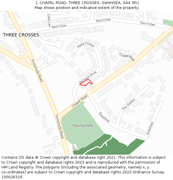 1, CHAPEL ROAD, THREE CROSSES, SWANSEA, SA4 3PU: Location map and indicative extent of plot