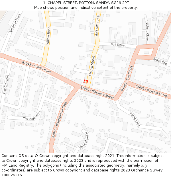 1, CHAPEL STREET, POTTON, SANDY, SG19 2PT: Location map and indicative extent of plot