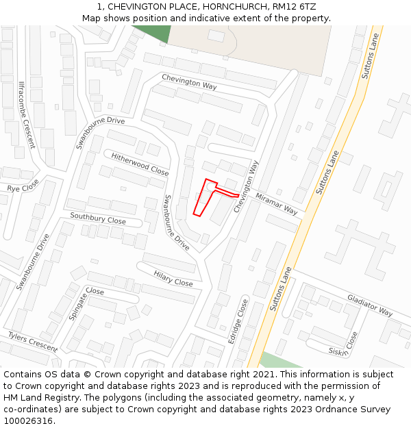 1, CHEVINGTON PLACE, HORNCHURCH, RM12 6TZ: Location map and indicative extent of plot