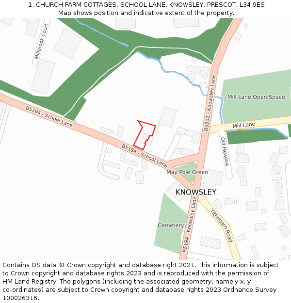 1, CHURCH FARM COTTAGES, SCHOOL LANE, KNOWSLEY, PRESCOT, L34 9ES: Location map and indicative extent of plot