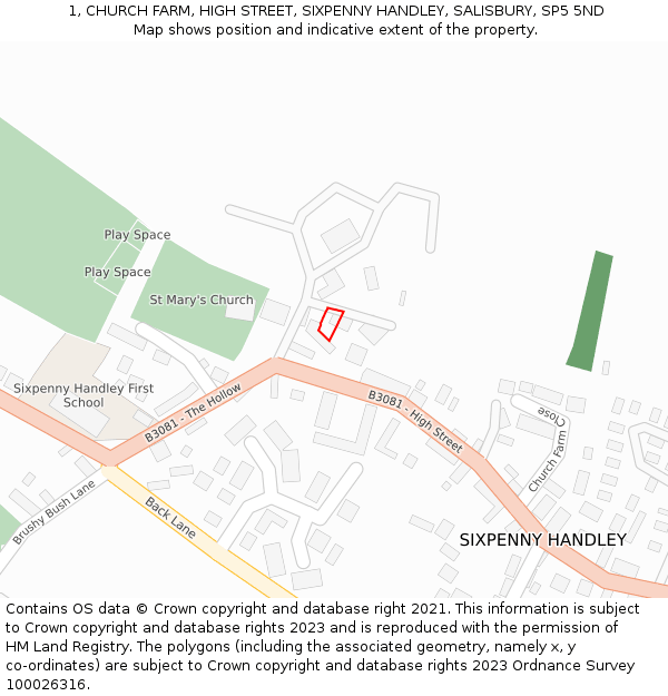 1, CHURCH FARM, HIGH STREET, SIXPENNY HANDLEY, SALISBURY, SP5 5ND: Location map and indicative extent of plot