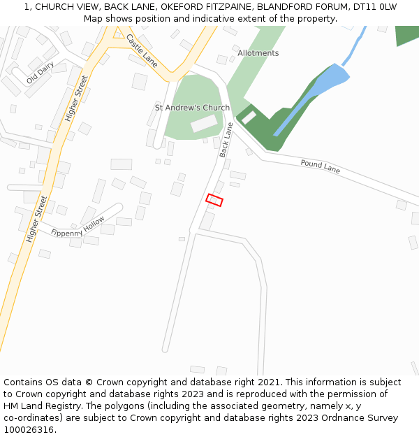 1, CHURCH VIEW, BACK LANE, OKEFORD FITZPAINE, BLANDFORD FORUM, DT11 0LW: Location map and indicative extent of plot