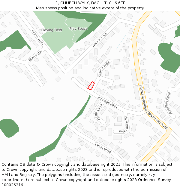1, CHURCH WALK, BAGILLT, CH6 6EE: Location map and indicative extent of plot