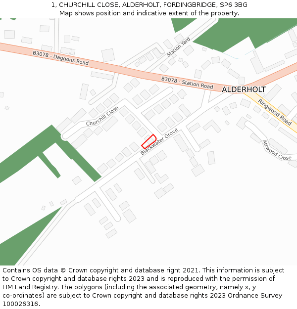 1, CHURCHILL CLOSE, ALDERHOLT, FORDINGBRIDGE, SP6 3BG: Location map and indicative extent of plot