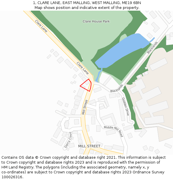 1, CLARE LANE, EAST MALLING, WEST MALLING, ME19 6BN: Location map and indicative extent of plot