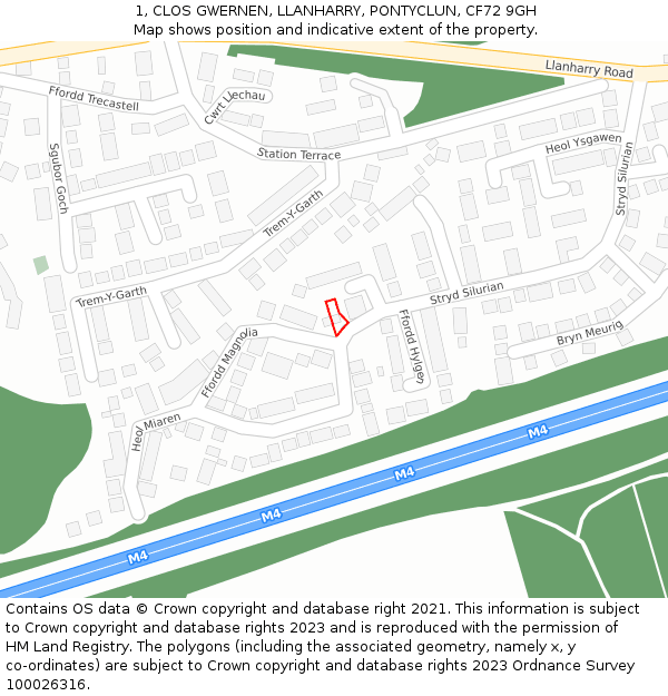 1, CLOS GWERNEN, LLANHARRY, PONTYCLUN, CF72 9GH: Location map and indicative extent of plot