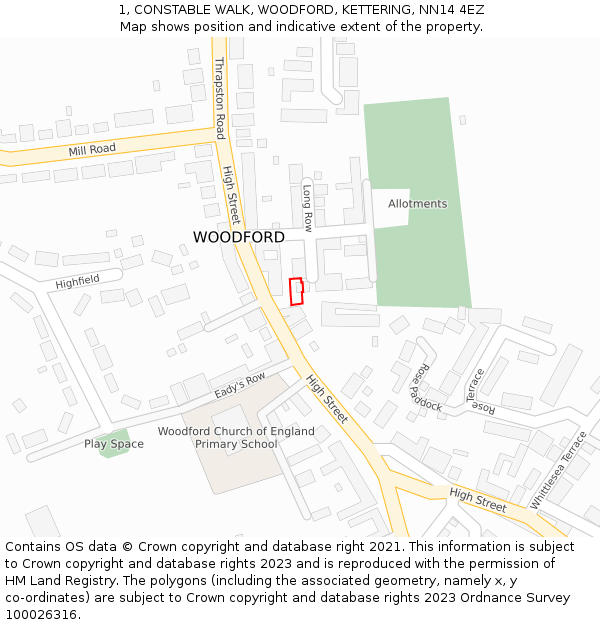1, CONSTABLE WALK, WOODFORD, KETTERING, NN14 4EZ: Location map and indicative extent of plot