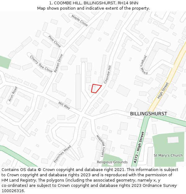 1, COOMBE HILL, BILLINGSHURST, RH14 9NN: Location map and indicative extent of plot