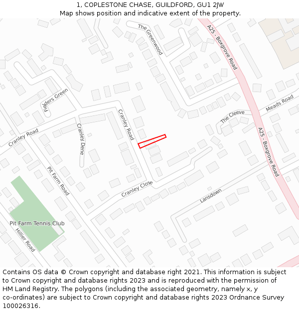 1, COPLESTONE CHASE, GUILDFORD, GU1 2JW: Location map and indicative extent of plot