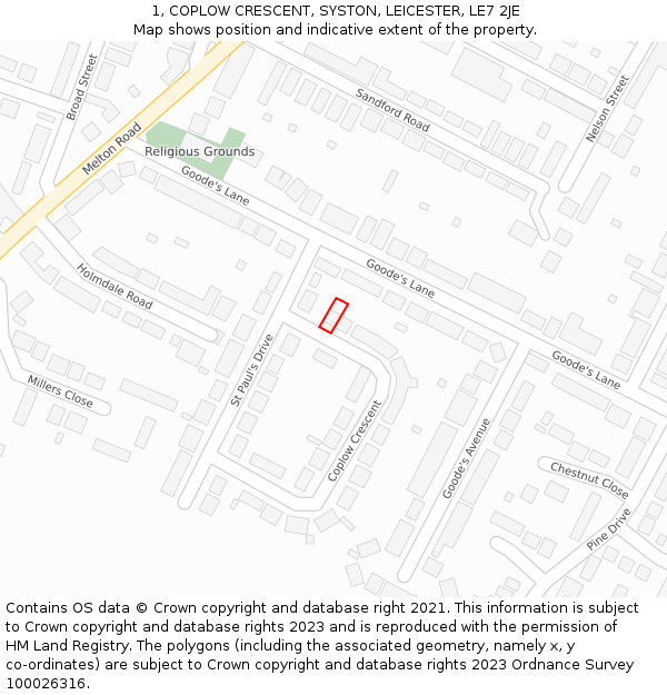 1, COPLOW CRESCENT, SYSTON, LEICESTER, LE7 2JE: Location map and indicative extent of plot