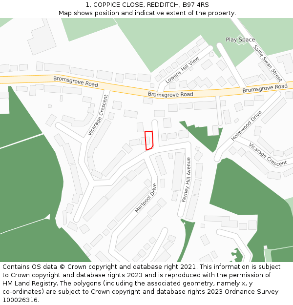 1, COPPICE CLOSE, REDDITCH, B97 4RS: Location map and indicative extent of plot