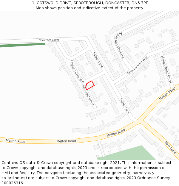 1, COTSWOLD DRIVE, SPROTBROUGH, DONCASTER, DN5 7PF: Location map and indicative extent of plot