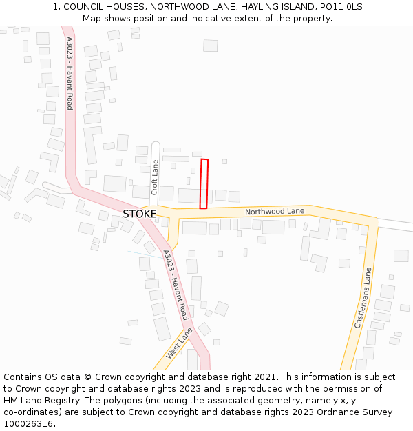 1, COUNCIL HOUSES, NORTHWOOD LANE, HAYLING ISLAND, PO11 0LS: Location map and indicative extent of plot