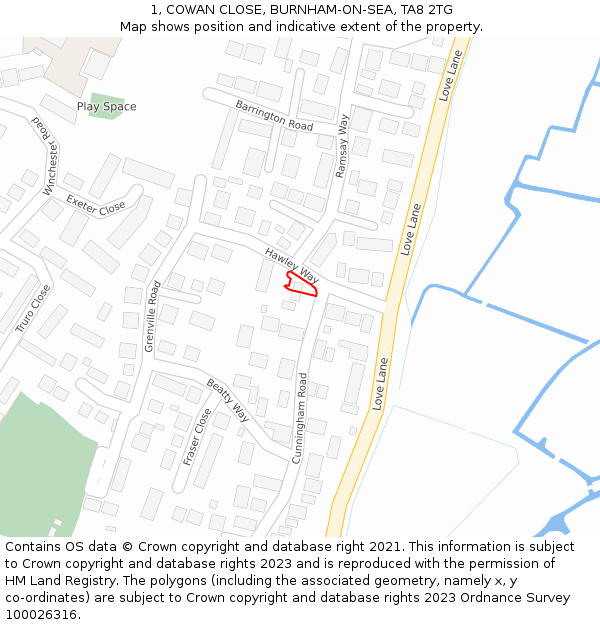 1, COWAN CLOSE, BURNHAM-ON-SEA, TA8 2TG: Location map and indicative extent of plot