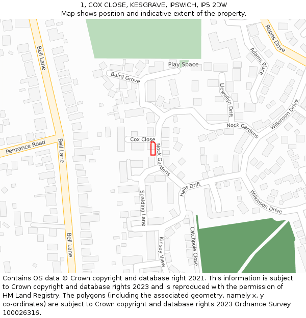 1, COX CLOSE, KESGRAVE, IPSWICH, IP5 2DW: Location map and indicative extent of plot