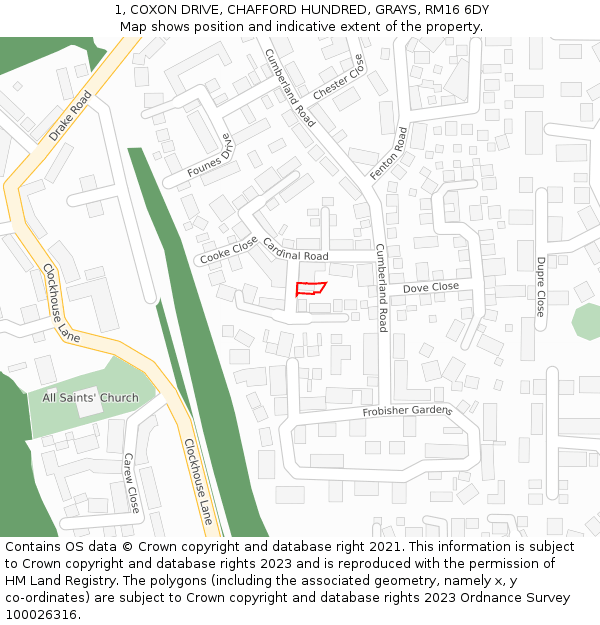 1, COXON DRIVE, CHAFFORD HUNDRED, GRAYS, RM16 6DY: Location map and indicative extent of plot