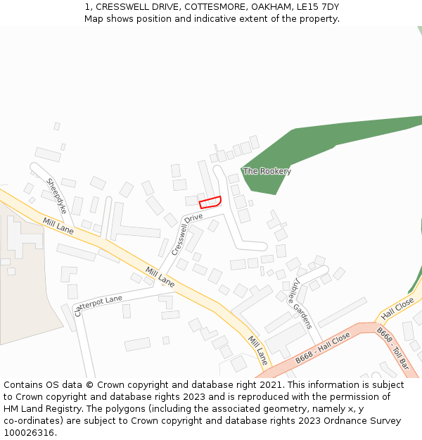 1, CRESSWELL DRIVE, COTTESMORE, OAKHAM, LE15 7DY: Location map and indicative extent of plot