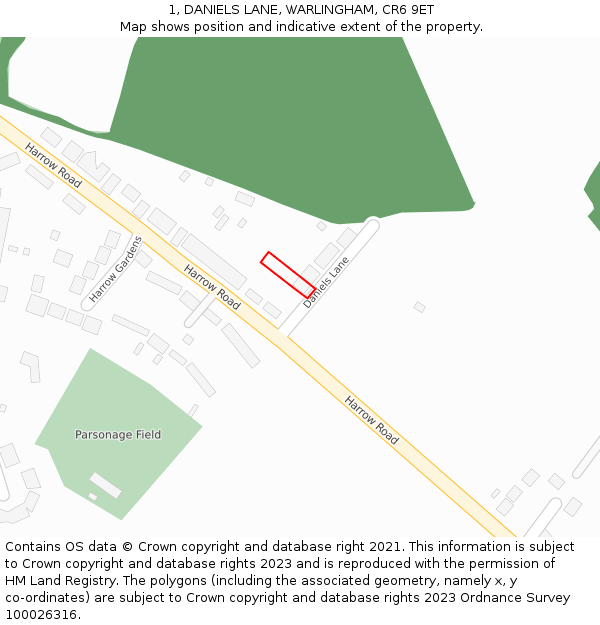 1, DANIELS LANE, WARLINGHAM, CR6 9ET: Location map and indicative extent of plot