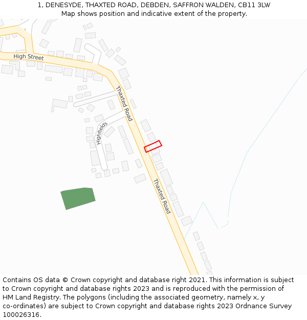 1, DENESYDE, THAXTED ROAD, DEBDEN, SAFFRON WALDEN, CB11 3LW: Location map and indicative extent of plot