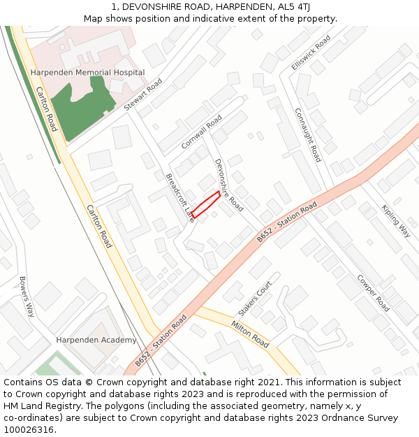 1, DEVONSHIRE ROAD, HARPENDEN, AL5 4TJ: Location map and indicative extent of plot