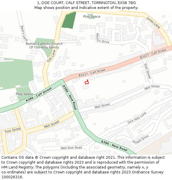 1, DOE COURT, CALF STREET, TORRINGTON, EX38 7BG: Location map and indicative extent of plot