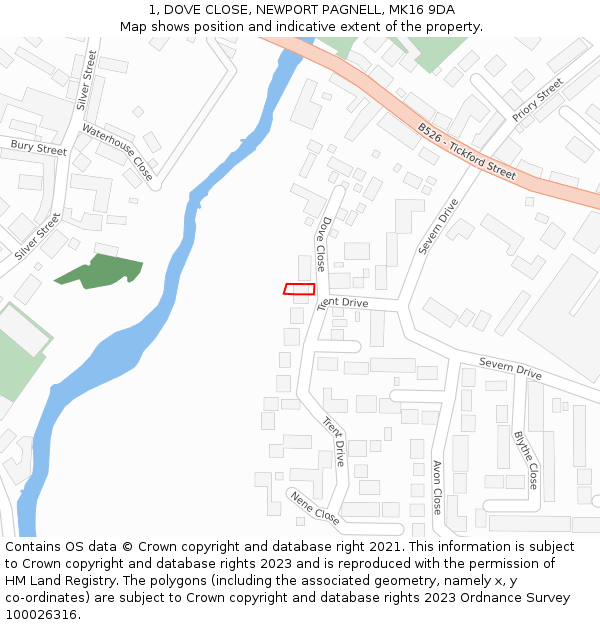 1, DOVE CLOSE, NEWPORT PAGNELL, MK16 9DA: Location map and indicative extent of plot