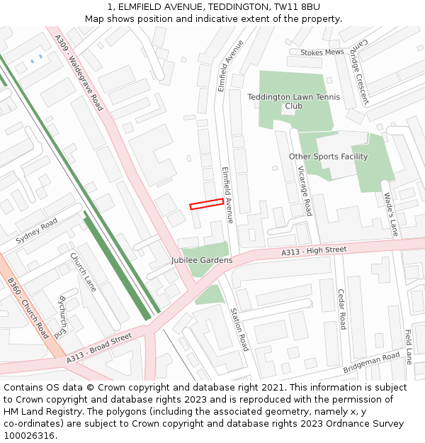 1, ELMFIELD AVENUE, TEDDINGTON, TW11 8BU: Location map and indicative extent of plot