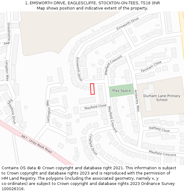 1, EMSWORTH DRIVE, EAGLESCLIFFE, STOCKTON-ON-TEES, TS16 0NR: Location map and indicative extent of plot