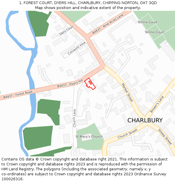 1, FOREST COURT, DYERS HILL, CHARLBURY, CHIPPING NORTON, OX7 3QD: Location map and indicative extent of plot