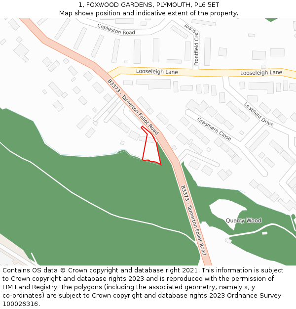 1, FOXWOOD GARDENS, PLYMOUTH, PL6 5ET: Location map and indicative extent of plot