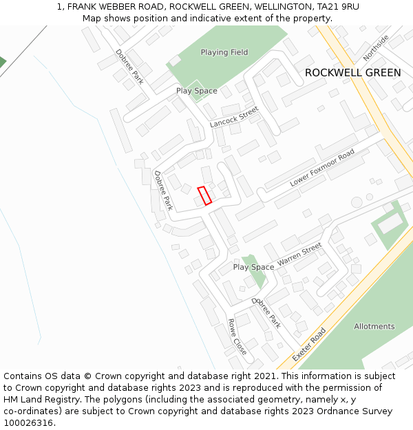 1, FRANK WEBBER ROAD, ROCKWELL GREEN, WELLINGTON, TA21 9RU: Location map and indicative extent of plot