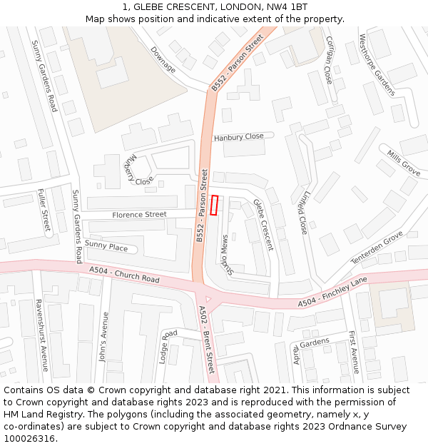 1, GLEBE CRESCENT, LONDON, NW4 1BT: Location map and indicative extent of plot