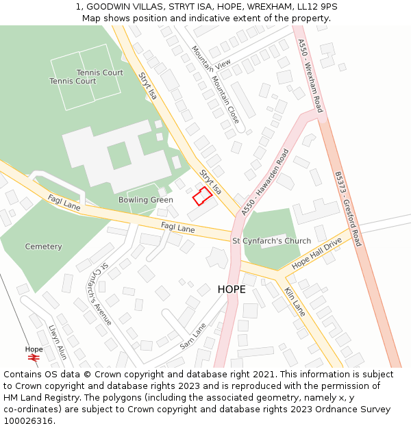 1, GOODWIN VILLAS, STRYT ISA, HOPE, WREXHAM, LL12 9PS: Location map and indicative extent of plot